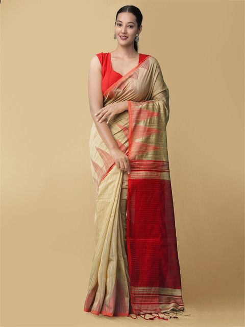 

Unnati Silks Brown & Red Woven Design Pure Linen Jamdani Saree