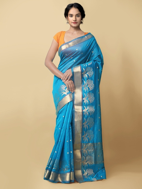 

Unnati Silks Blue & Gold-Toned Ethnic Motifs Zari Silk Cotton Baluchari Saree
