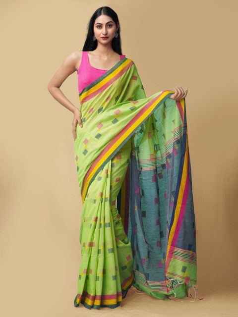 

Unnati Silks Green & Pink Woven Design Pure Linen Jamdani Saree