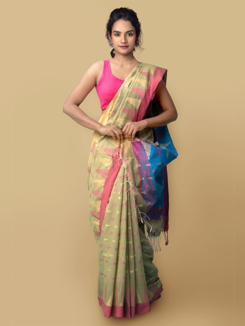 

Unnati Silks Green & Blue Ethnic Motifs Bengal Pure Linen Jamdani Saree