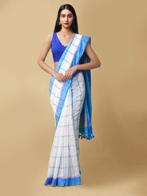 

Unnati Silks Women White & Blue Pure Handloom Bengal Linen Sustainable Saree