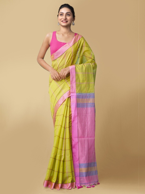 

Unnati Silks Green & Pink Woven Design Pure Linen Jamdani Saree