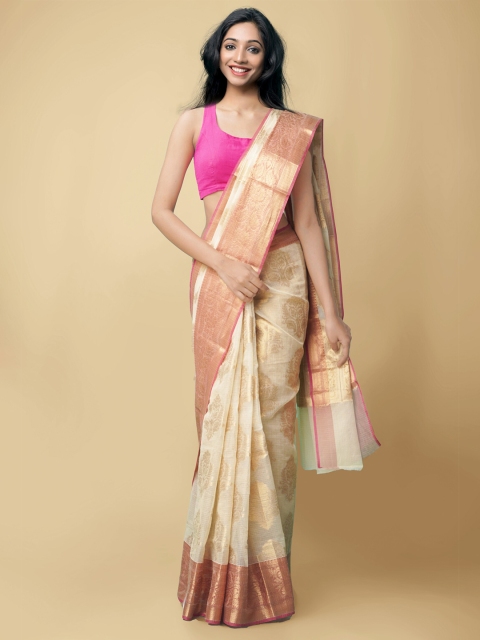 

Unnati Silks Cream-Coloured & Magenta Woven Design Zari Silk Cotton Kota Saree