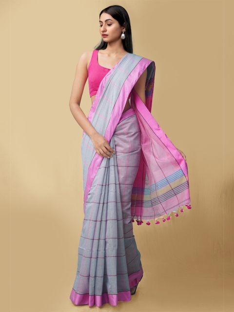 

Unnati Silks Grey & Pink Checked Bengal Pure Linen Jamdani Saree