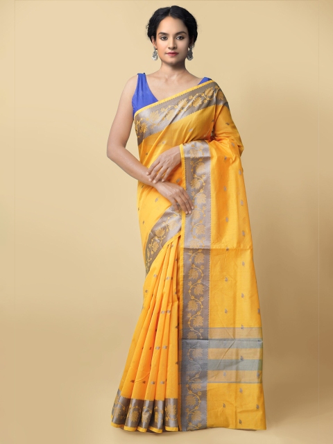 

Unnati Silks Yellow & Grey Woven Design Silk Cotton Baluchari Saree