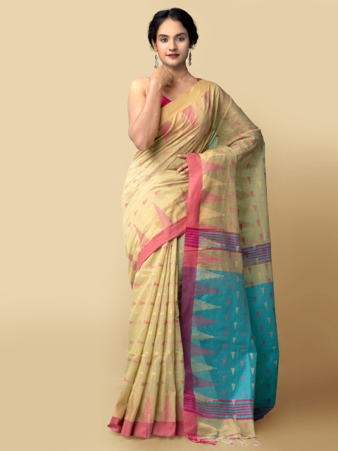 

Unnati Silks Brown & Blue Pure Linen Jamdani Saree
