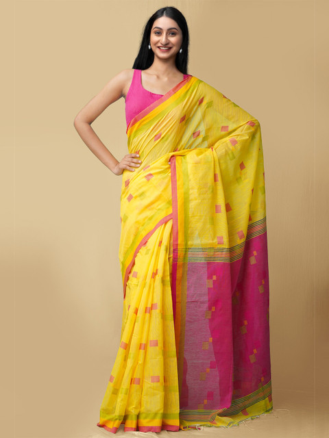 

Unnati Silks Yellow & Pink Woven Design Pure Linen Jamdani Saree