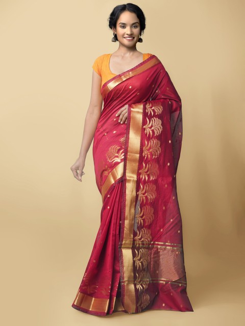 

Unnati Silks Maroon & Gold-Coloured Ethnic Motifs Zari Silk Cotton Baluchari Saree