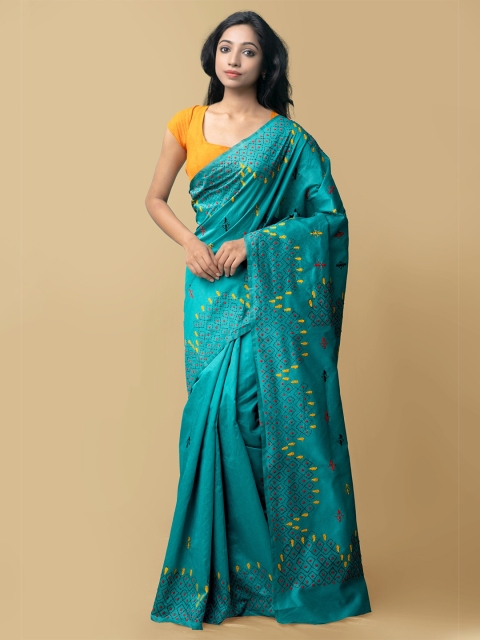 

Unnati Silks Green & Yellow Ethnic Motifs Kantha Work Silk Cotton Jamdani Saree