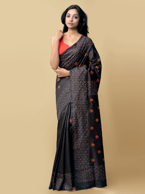 

Unnati Silks Black Kantha Embroidered Bengal Silk Cotton Saree