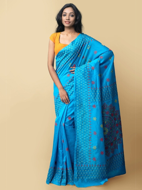 

Unnati Silks Blue & Yellow Floral Kantha Work Silk Cotton Jamdani Saree