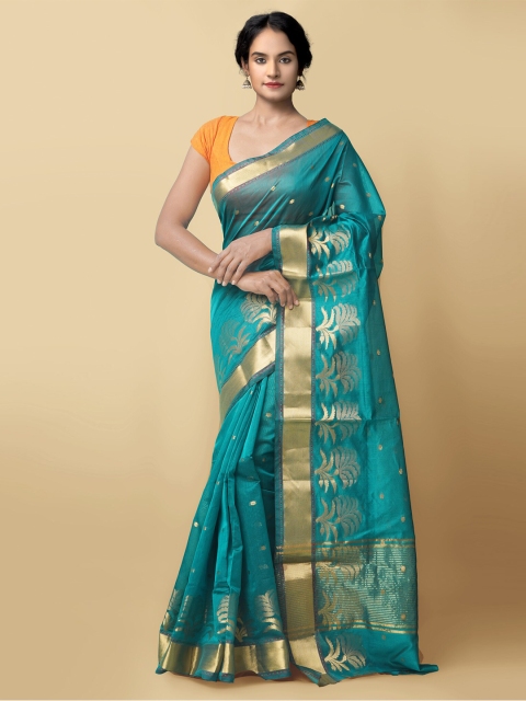 

Unnati Silks Green & Gold-Toned Ethnic Motifs Zari Silk Cotton Baluchari Saree