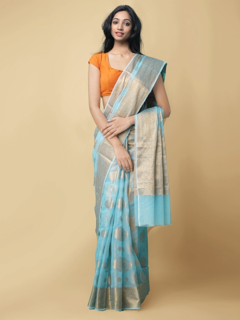 

Unnati Silks Women Blue & Gold-Toned Pure Kota Banarasi Sustainable Saree