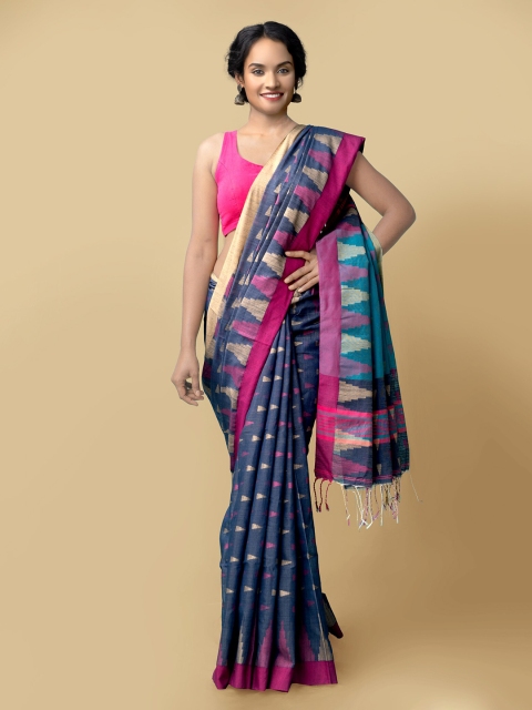 

Unnati Silks Blue & Magenta Ethnic Motifs Bengal Pure Linen Jamdani Saree