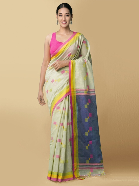 

Unnati Silks Green & Blue Woven Design Pure Linen Jamdani Saree