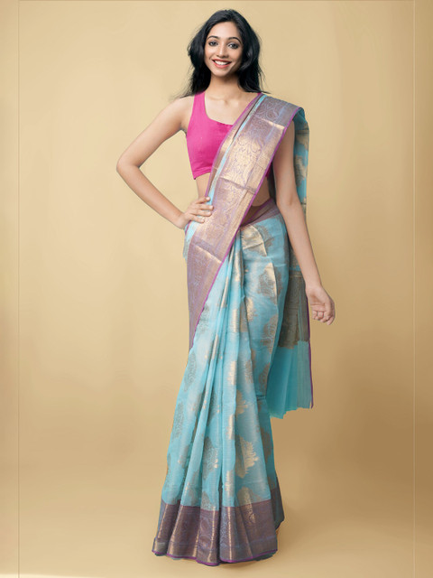 

Unnati Silks Blue & Gold-Toned Ethnic Motifs Zari Silk Cotton Kota Saree