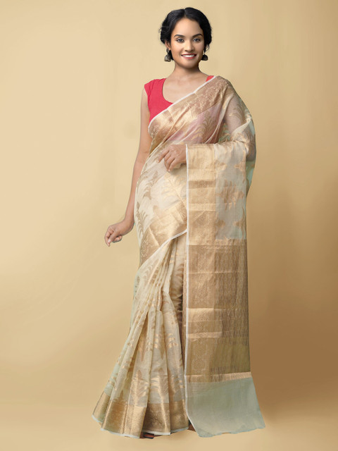 

Unnati Silks Cream-Coloured & Gold-Toned Woven Design Silk Cotton Kota Saree