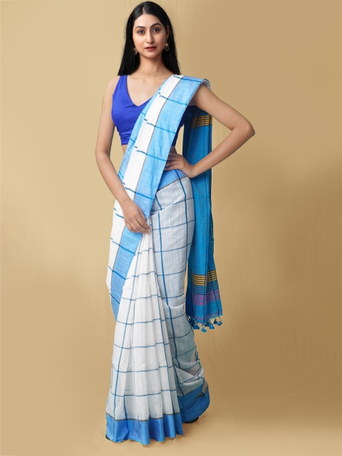 

Unnati Silks Women White & Blue Pure Handloom Bengal Linen Sustainable Saree