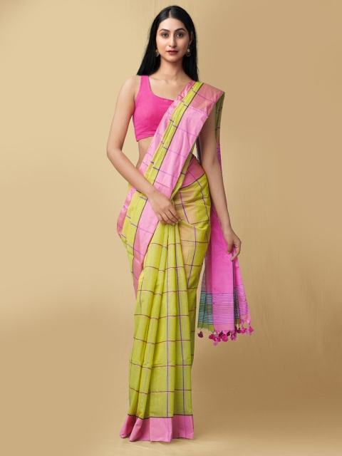 

Unnati Silks Green & Pink Checked Pure Linen Jamdani Saree