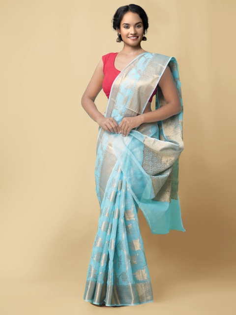 

Unnati Silks Blue & Gold-Toned Woven Design Pure Kota Banarasi Saree