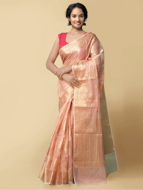 

Unnati Silks Peach-Coloured & Gold-Toned Woven Design Zari Silk Cotton Kota Saree