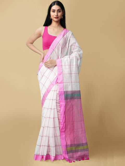 

Unnati Silks White & Pink Checked Pure Linen Jamdani Saree