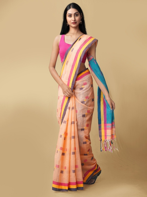 

Unnati Silks Orange & Pink Woven Design Pure Linen Jamdani Saree