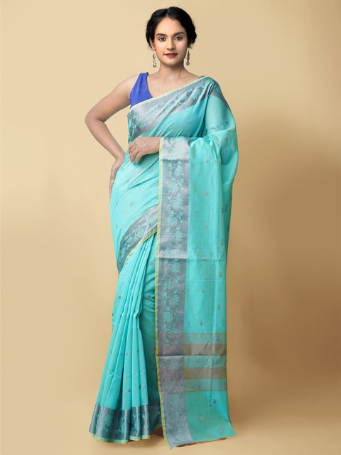 

Unnati Silks Blue & Yellow Woven Design Silk Cotton Baluchari Saree