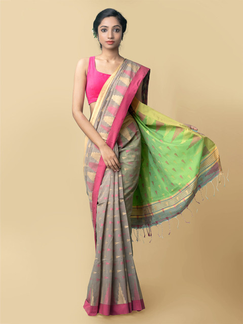 

Unnati Silks Grey & Green Woven Design Pure Linen Jamdani Saree
