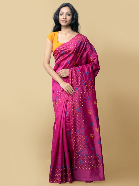 

Unnati Silks Purple & Yellow Floral Kantha Work Silk Cotton Jamdani Saree