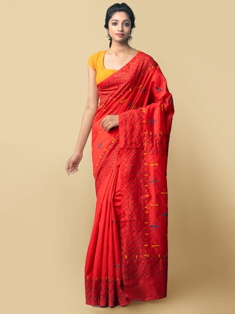 

Unnati Silks Red & Yellow Floral Kantha Work Silk Cotton Jamdani Saree