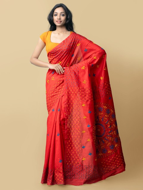 

Unnati Silks Red & Blue Floral Embroidered Kantha Work Silk Cotton Jamdani Saree