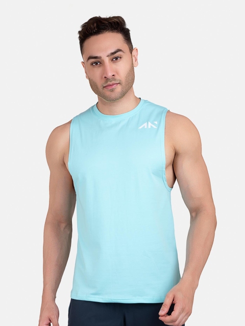 

AESTHETIC NATION Men Turquoise Blue Raw Edge Slim Fit Sleeveless T-shirt