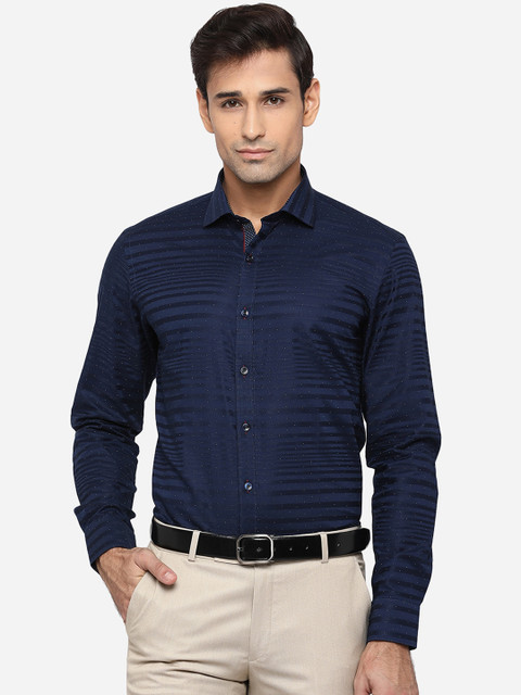 

JB STUDIO Men Blue Slim Fit Horizontal Stripes Opaque Pure Cotton Formal Shirt
