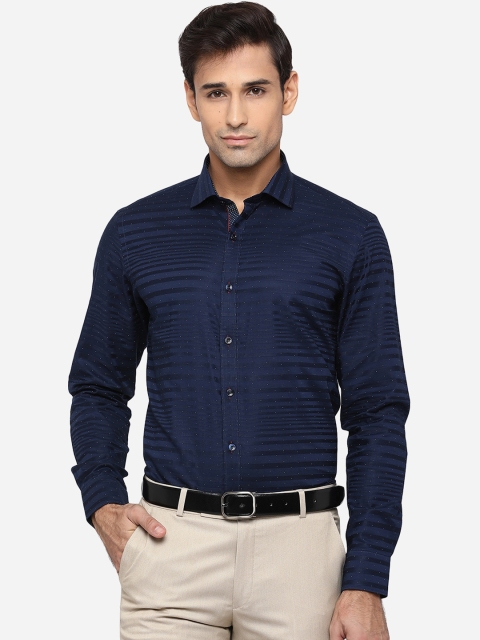 

JB STUDIO Men Blue Slim Fit Horizontal Stripes Opaque Striped Cotton Party Shirt