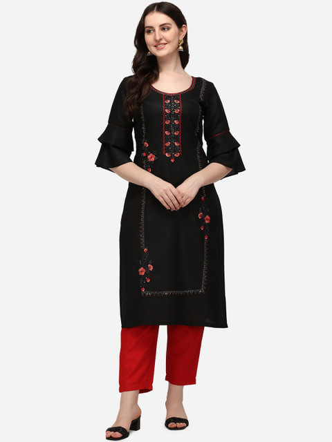 

Florence Women Black Floral Embroidered Cotton Kurta