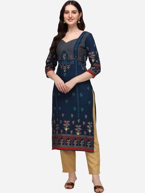 

SAADHVI Women Navy Blue Ethnic Motifs Printed Regular Kurta with Trousers