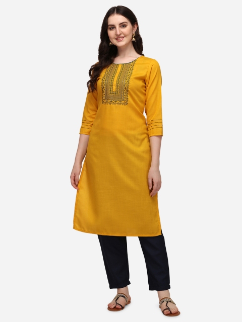 

SAADHVI Women Yellow Regular Thread Work Pure Cotton Kurta with Trousers