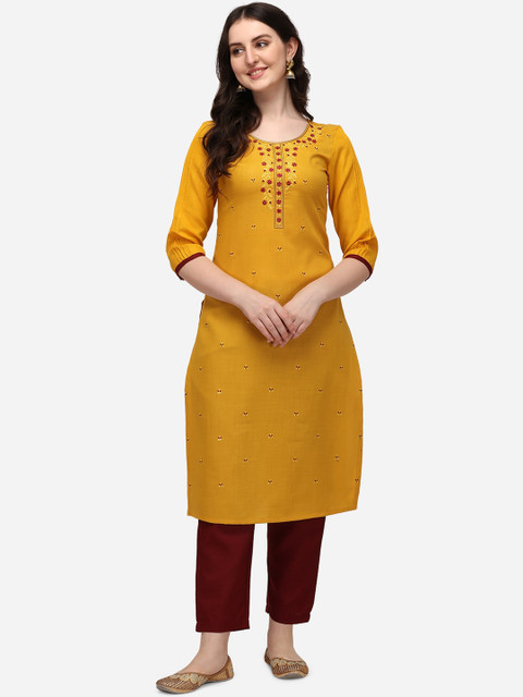 

SAADHVI Women Mustard Yellow Floral Embroidered Regular Thread Work Pure Cotton Kurti with Trousers