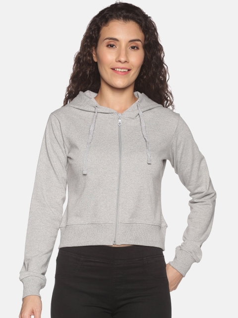 

BEVERLY BLUES Women Grey Hooded Cotton Crop Sweatshirt