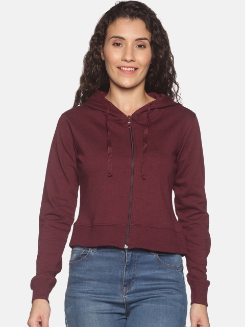 

BEVERLY BLUES Women Maroon Hooded Crop Sweatshirt