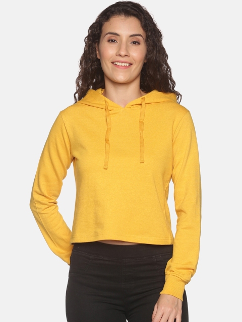 

BEVERLY BLUES Women Yellow Hooded Crop Sweatshirt