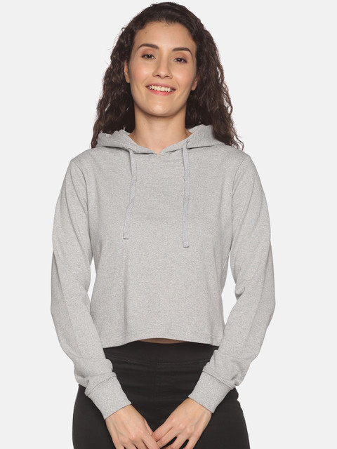 

BEVERLY BLUES Women Grey Hooded Cotton Crop Sweatshirt