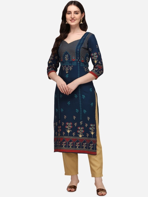 

Florence Women Navy Blue Ethnic Motifs Foil Printed Regular Kurta with Trousers