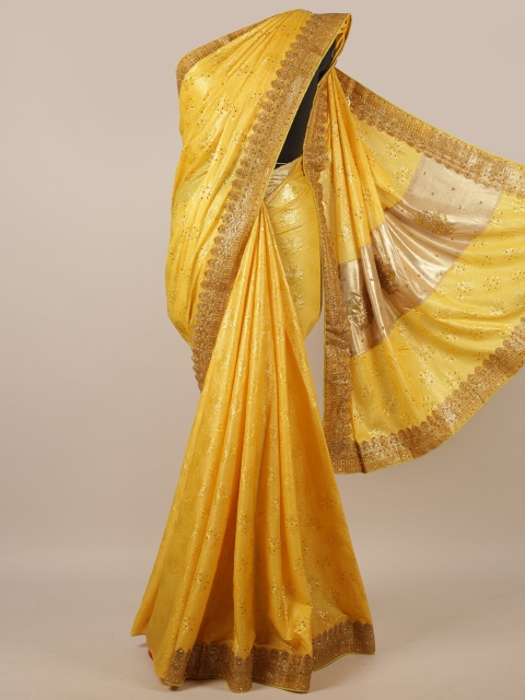 

Pothys Yellow & Gold-Toned Floral Printed Zari Saree