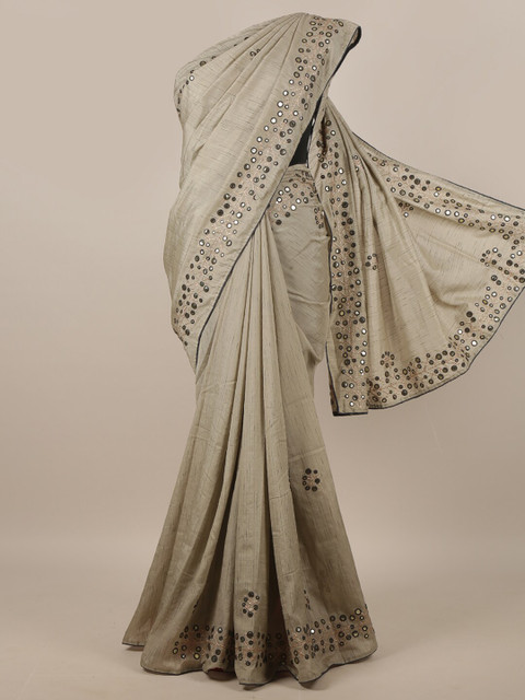 

Pothys Grey & Gold Embellished Mirror Work Jute Silk Saree