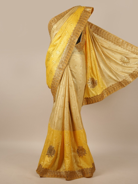 

Pothys Yellow & Cream-Coloured Ethnic Motifs Beads and Stones Saree