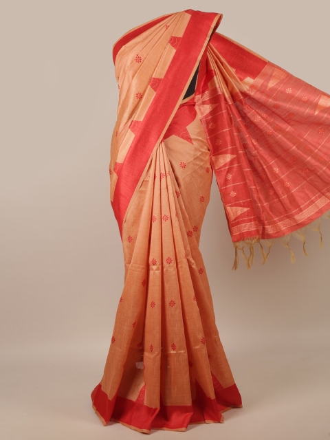 

Pothys Peach-Coloured & Red Floral Printed Jute Silk Saree