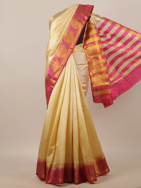 

Pothys Cream-Coloured & Pink Woven Designed Jute Silk Saree