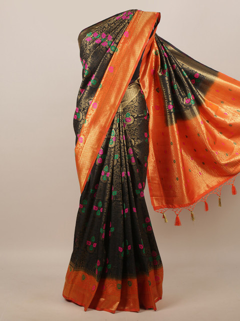 

Pothys Black & Orange Ethnic Motifs Zari Jute Silk Saree